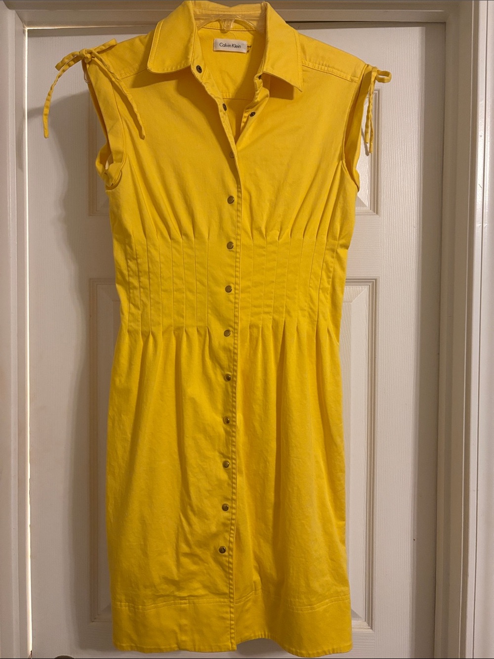 Calvin Klein Bright Yellow Button-Front Tie-Shoulder Dress